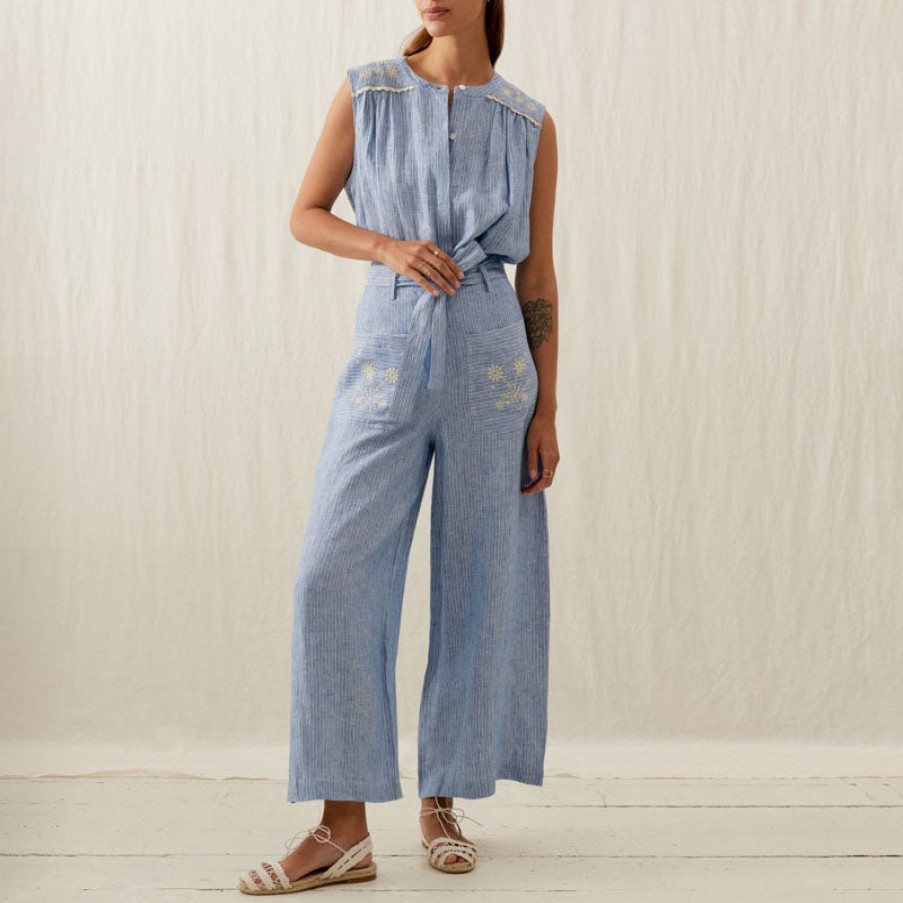 LOUISE MISHA Virgilia Striped Linen Trousers In White/Blue Wholesale