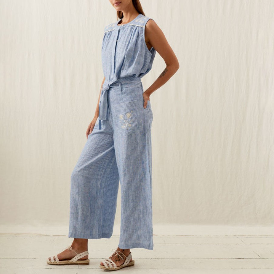 LOUISE MISHA Virgilia Striped Linen Trousers In White/Blue Wholesale