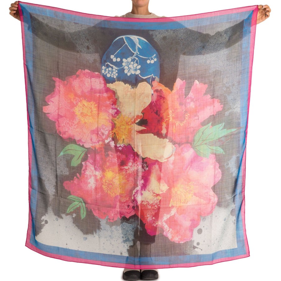 JOY MILLER Peonies In Chinese Vase Scarf In Navy/Pink | Collen And Clare Wholesale