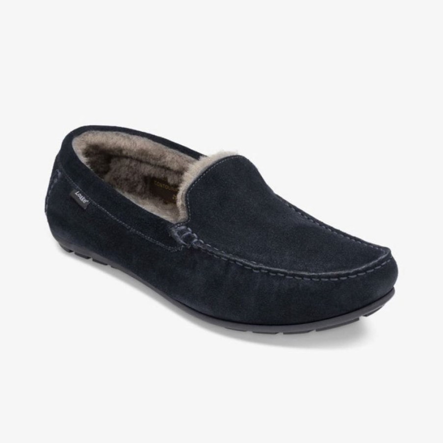 LOAKE Guards Shearling Lined Suede Slippers In Navy Suede | Collen & Clare New