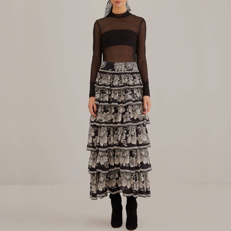 FARM RIO Pasley Bloom Tiered Skirt In Black Hot