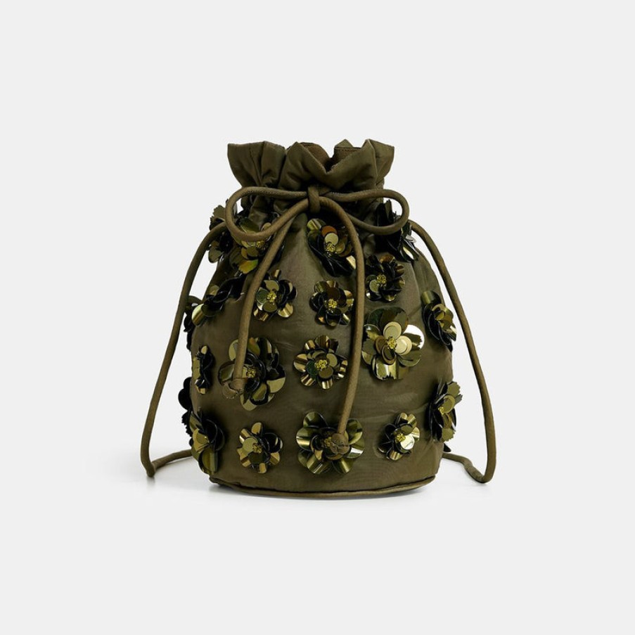 ESSENTIEL ANTWERP Encoded Embroidered Bucket Bag In Khaki | Collen & Clare Clearance