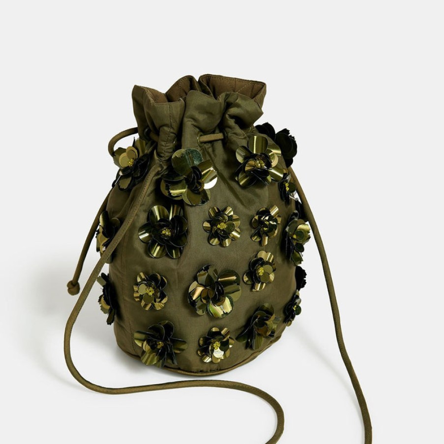 ESSENTIEL ANTWERP Encoded Embroidered Bucket Bag In Khaki | Collen & Clare Clearance