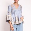 GREEK ARCHAIC KORI Feather Bell Sleeve Blouse In Light Grey/Gold New