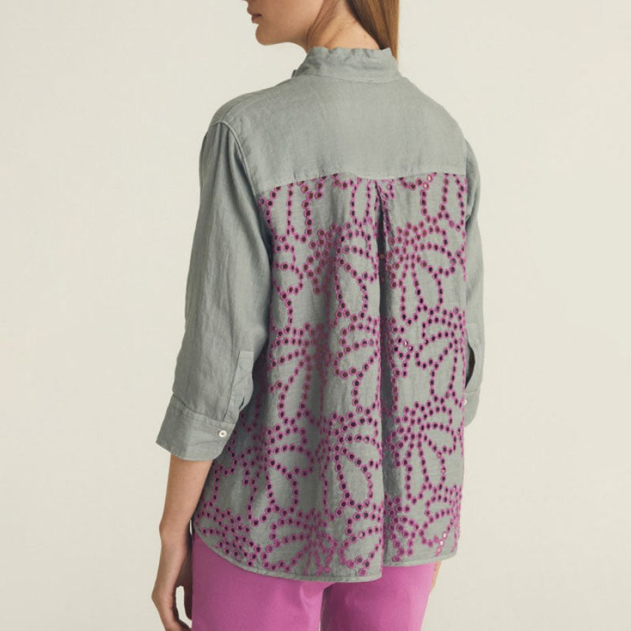 ROSSO35 Embroidered Linen Shirt In Grey/Fuchsia New