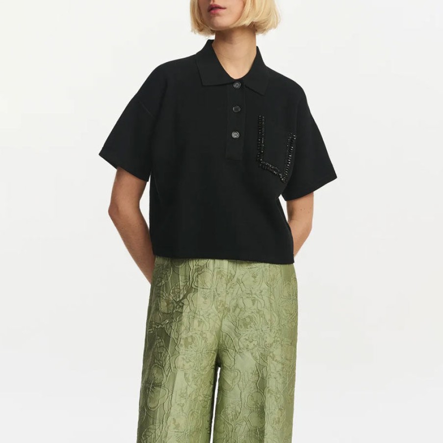 ESSENTIEL ANTWERP Flame Embroidered Polo Top In Black Clearance