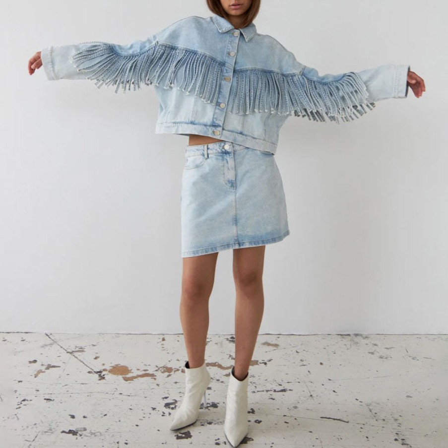 STELLA NOVA Denim Jacket With Fringes In Soft Sky Online