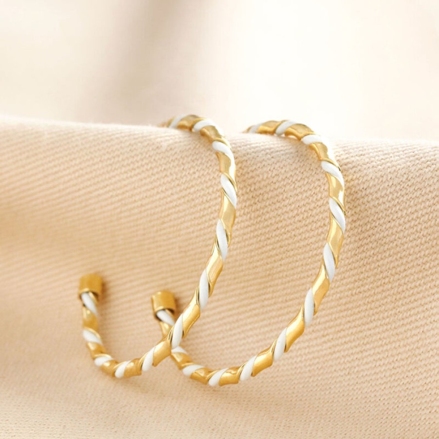 LISA ANGEL Enamel Twisted Hoop Earrings In Gold/White | Collen & Clare Clearance