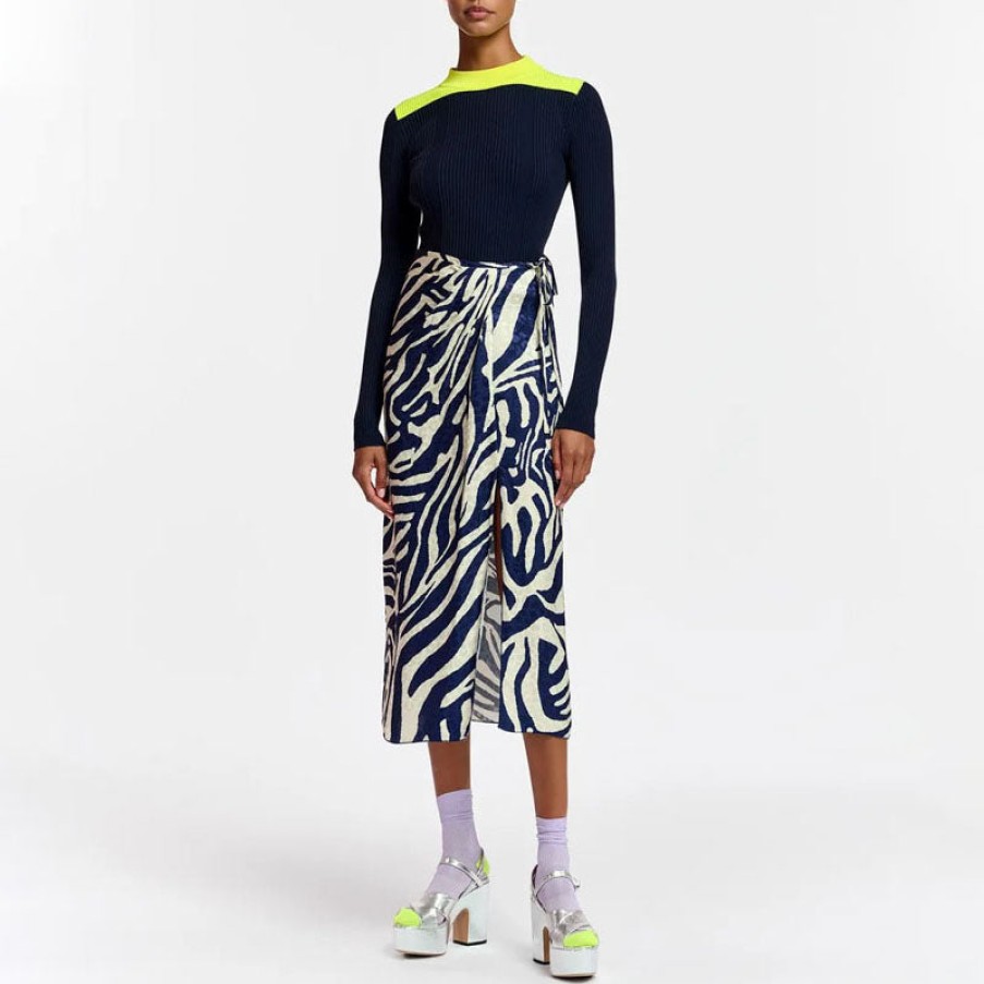 ESSENTIEL ANTWERP Flavia Zebra Print Wrap Skirt In Navy/Off White Clearance