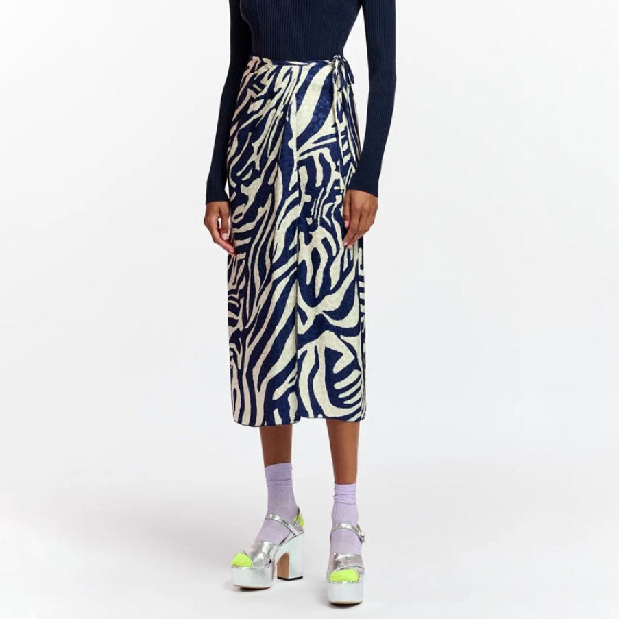 ESSENTIEL ANTWERP Flavia Zebra Print Wrap Skirt In Navy/Off White Clearance