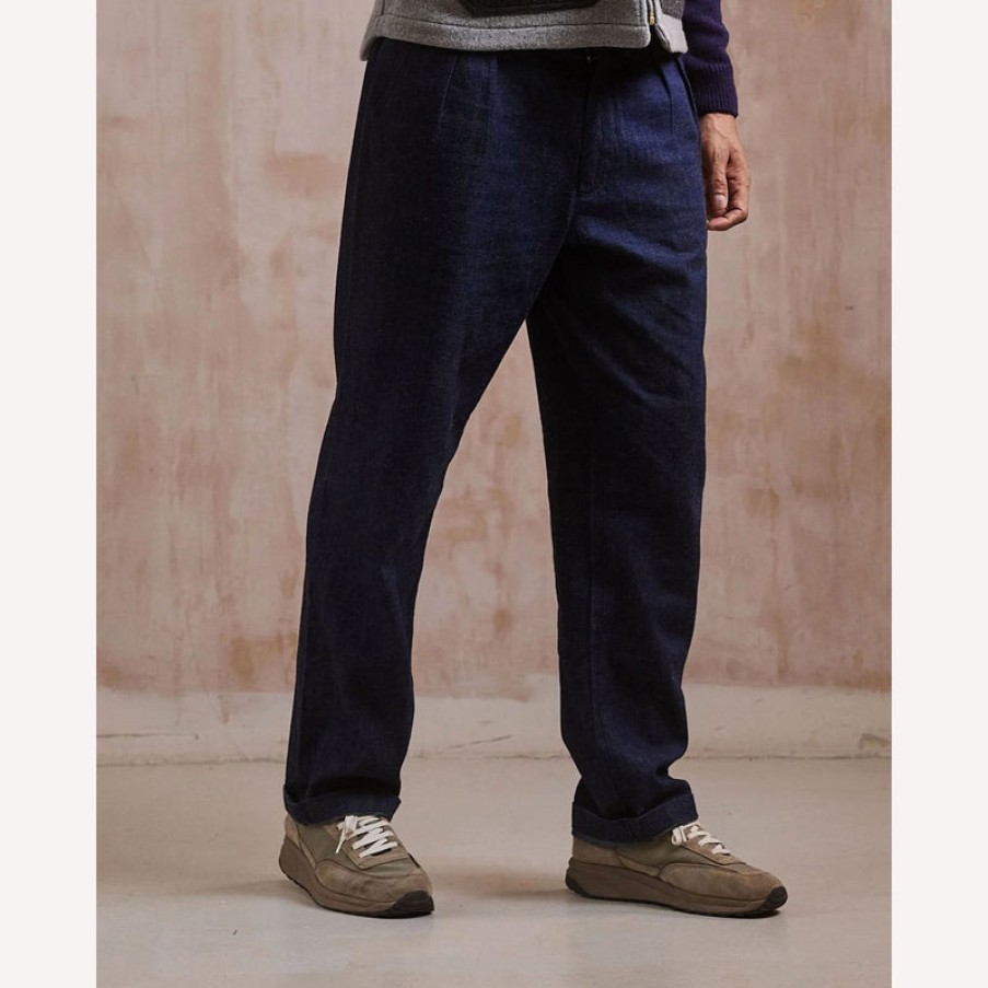 THE WORKERS CLUB Pleated Denim Chinos In Indigo Clearance