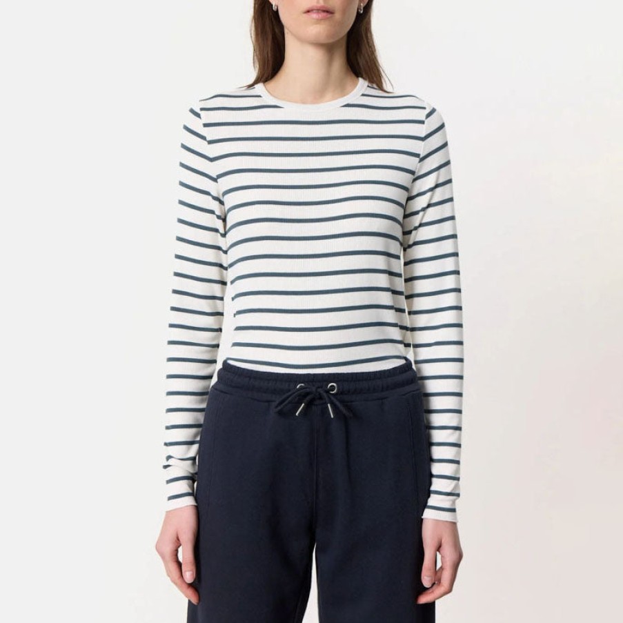 LEVETE ROOM Ika 25 Stripe L/S Top In White Combi Clearance