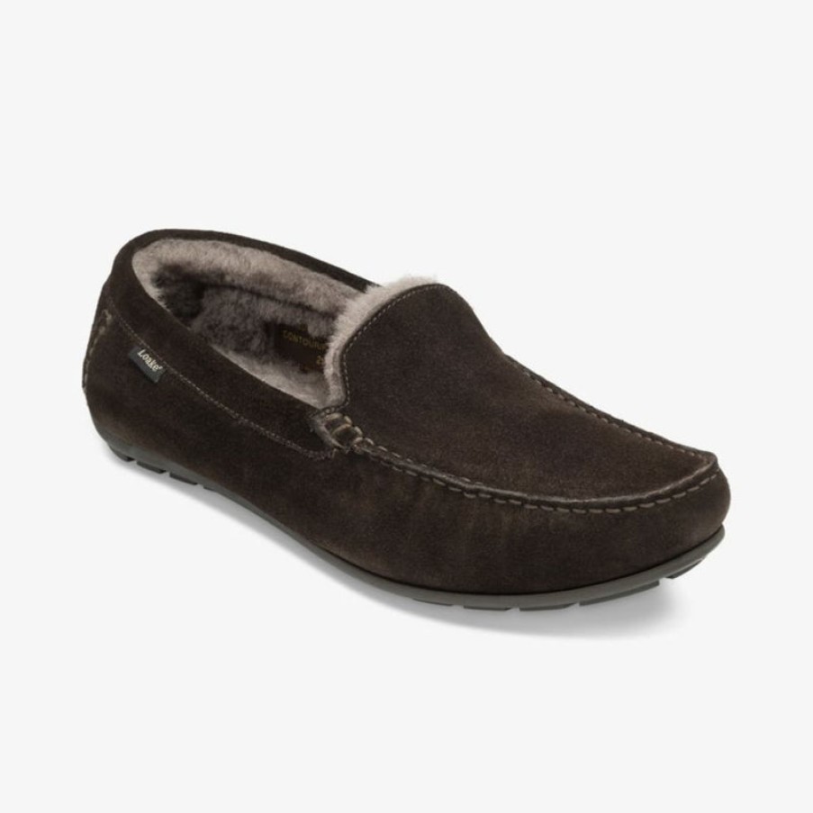 LOAKE Guards Shearling Lined Suede Slippers In Dark Brown | Collen & Clare Online