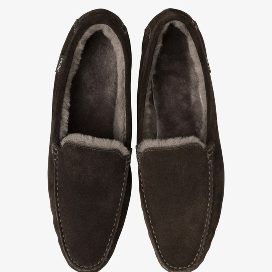 LOAKE Guards Shearling Lined Suede Slippers In Dark Brown | Collen & Clare Online