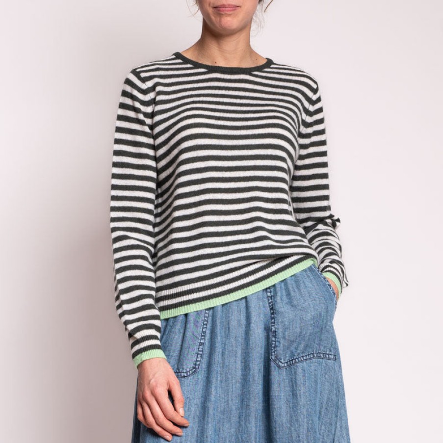 JUMPER1234 Tipped Little Stripe Crew In Khaki/Cream/Lime Hot