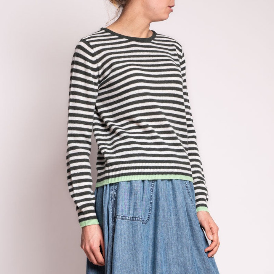 JUMPER1234 Tipped Little Stripe Crew In Khaki/Cream/Lime Hot