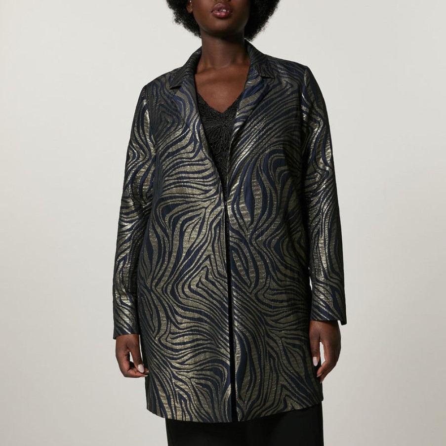 PERSONA BY MARINA RINALDI Tea Lurex Jacquard Overcoat In Dark Navy | Collen & Clare Online