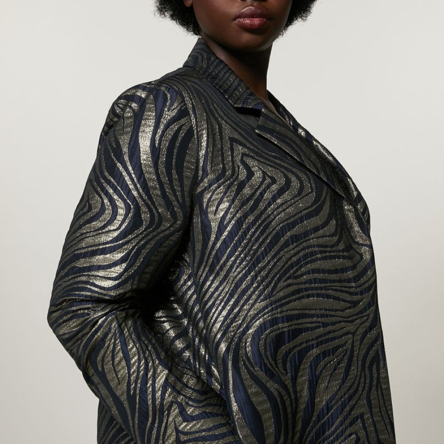 PERSONA BY MARINA RINALDI Tea Lurex Jacquard Overcoat In Dark Navy | Collen & Clare Online