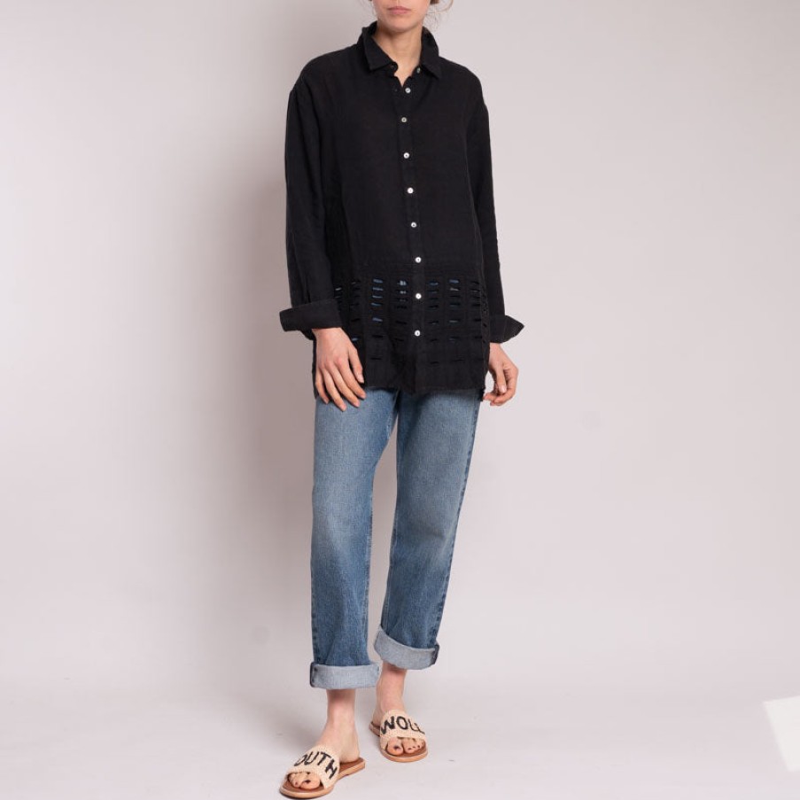 120% LINO L/S Cut Out Detail Shirt In Black Hot