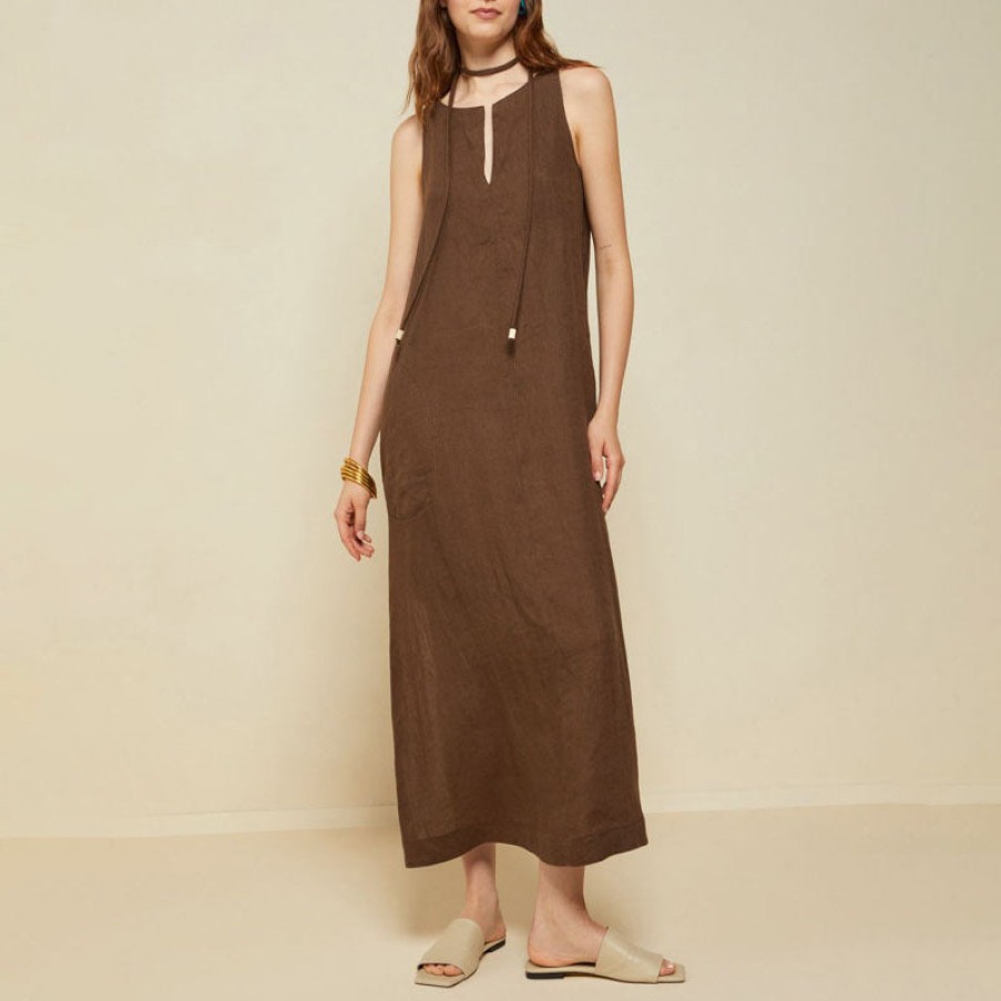 OTTOD'AME Long Linen Dress With Belt In Dark Chocolate Hot