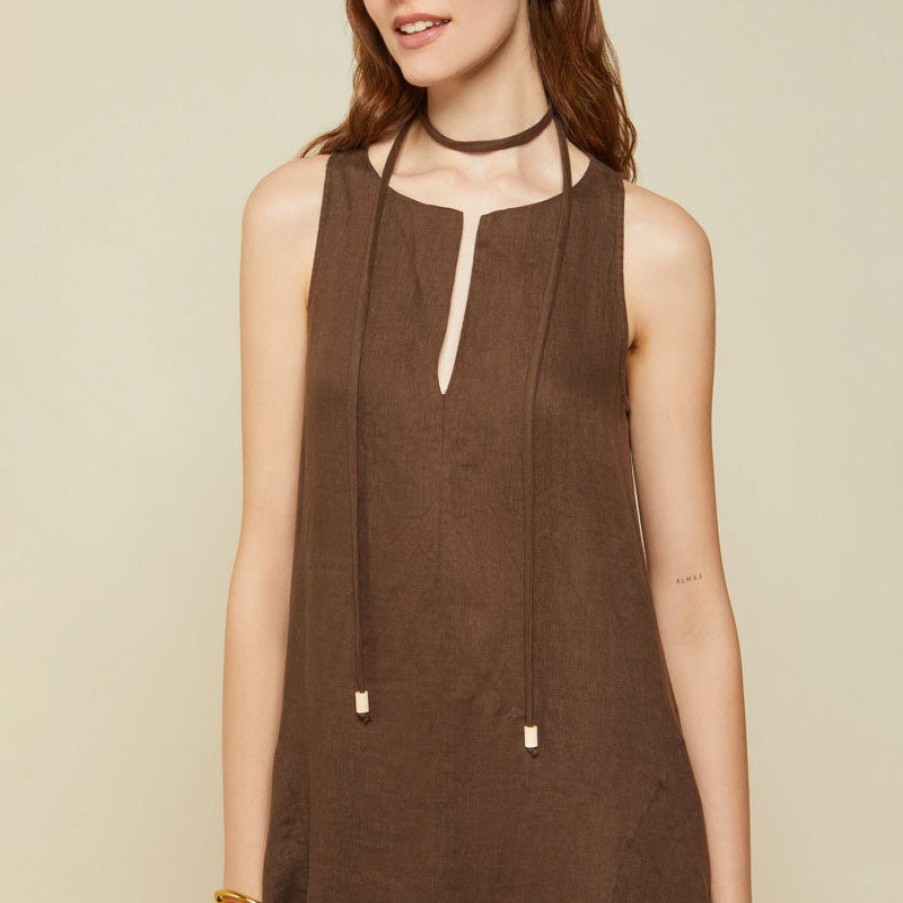 OTTOD'AME Long Linen Dress With Belt In Dark Chocolate Hot