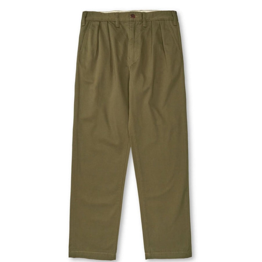 THE WORKERS CLUB Pleated Twill Chinos In Khaki Hot