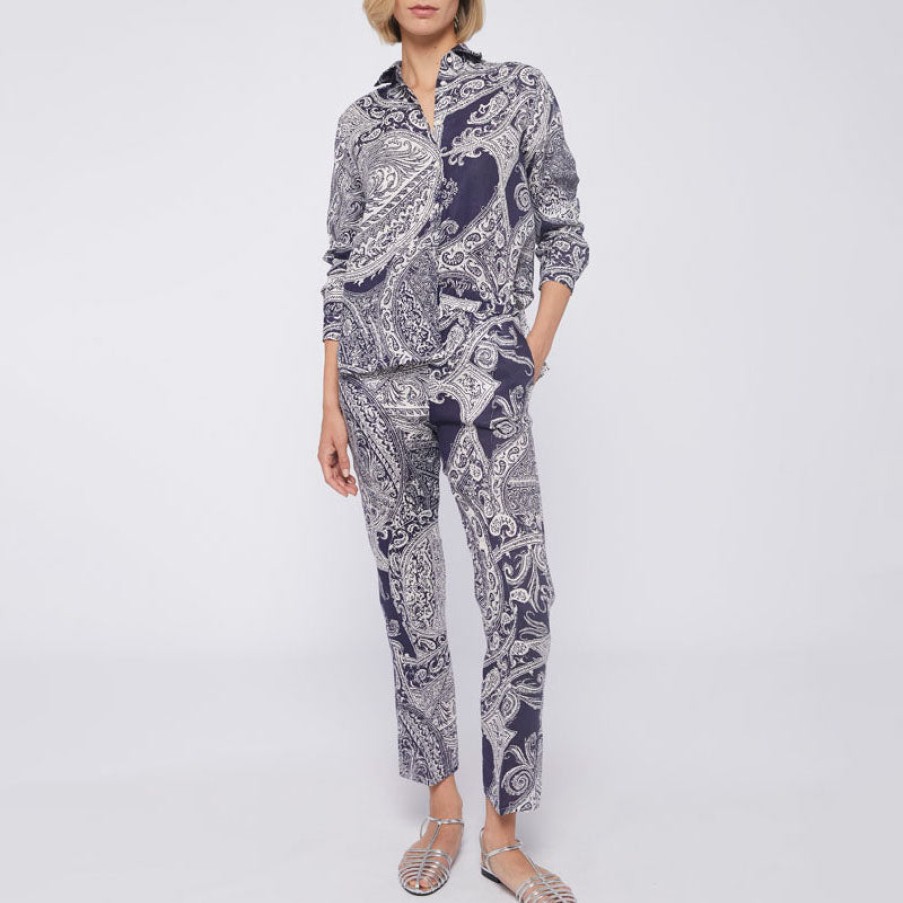 VILAGALLO Clarisse Paisley Linen Trousers In Navy Online