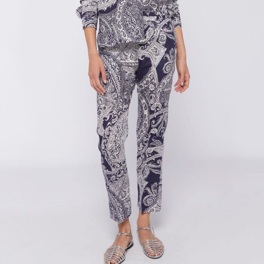 VILAGALLO Clarisse Paisley Linen Trousers In Navy Online