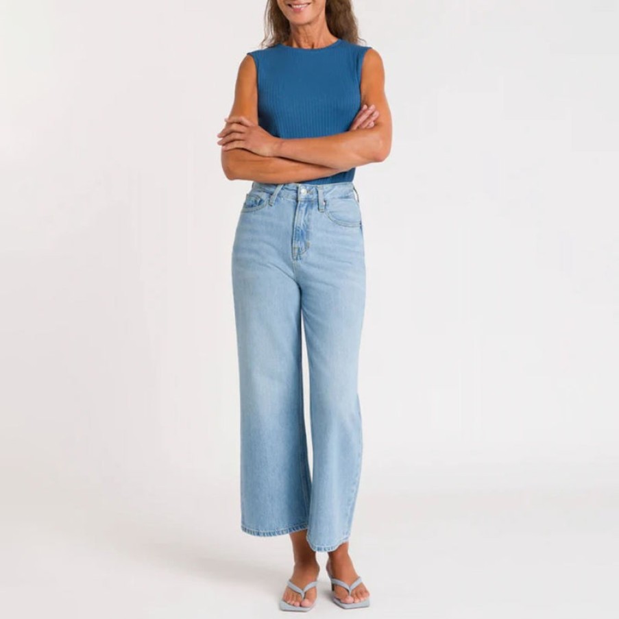 KINGS OF INDIGO Elisabeth Cropped Wide Leg Jeans In Blue Reef Super Light Used Best