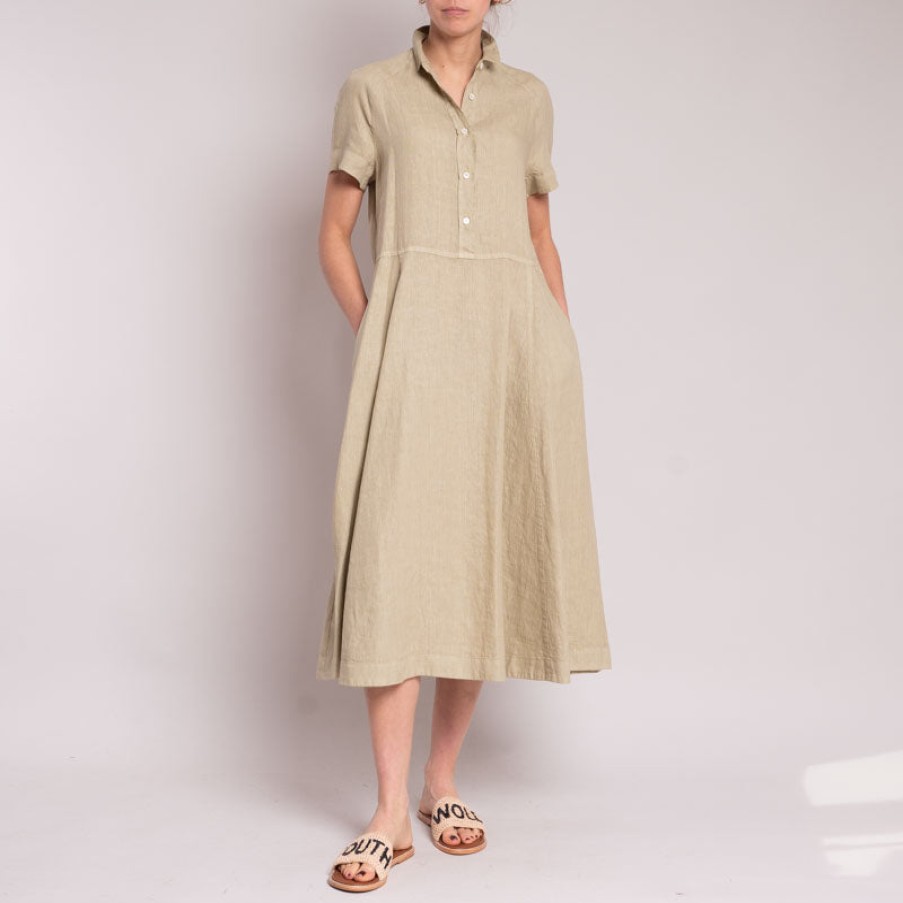 ROSSO35 Garment Dyed Linen Midi Dress In Khaki Wholesale