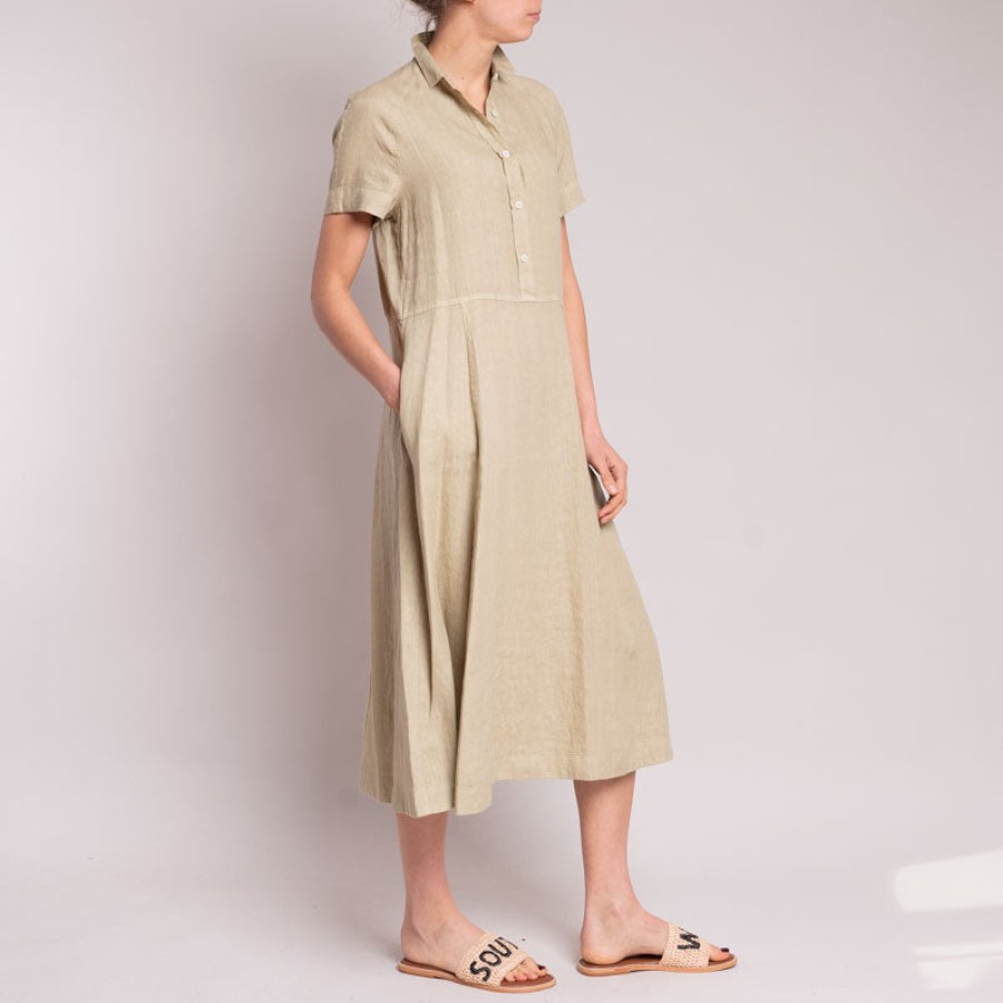 ROSSO35 Garment Dyed Linen Midi Dress In Khaki Wholesale