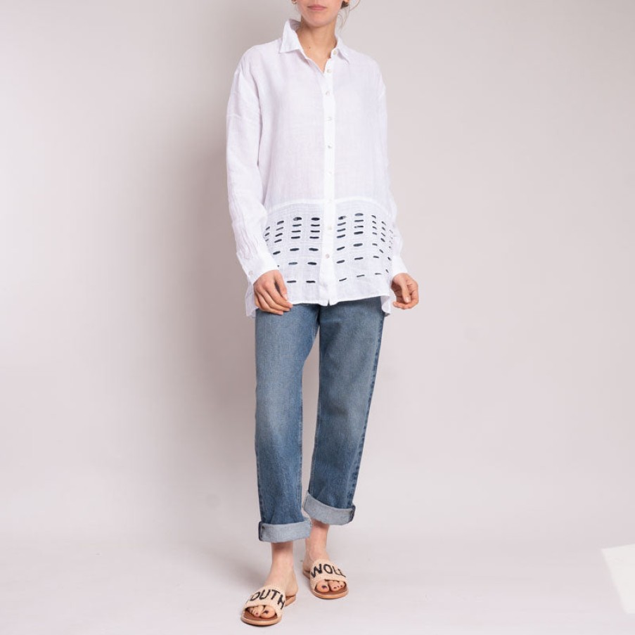 120% LINO L/S Cut Out Detail Shirt In White Wholesale