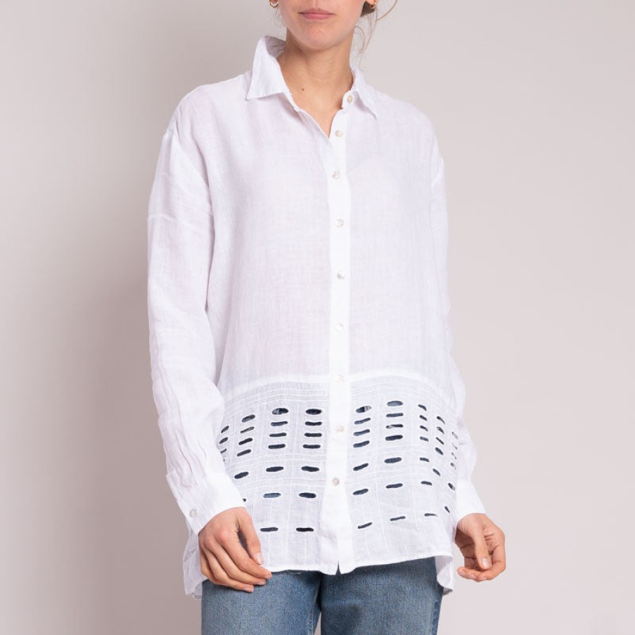 120% LINO L/S Cut Out Detail Shirt In White Wholesale