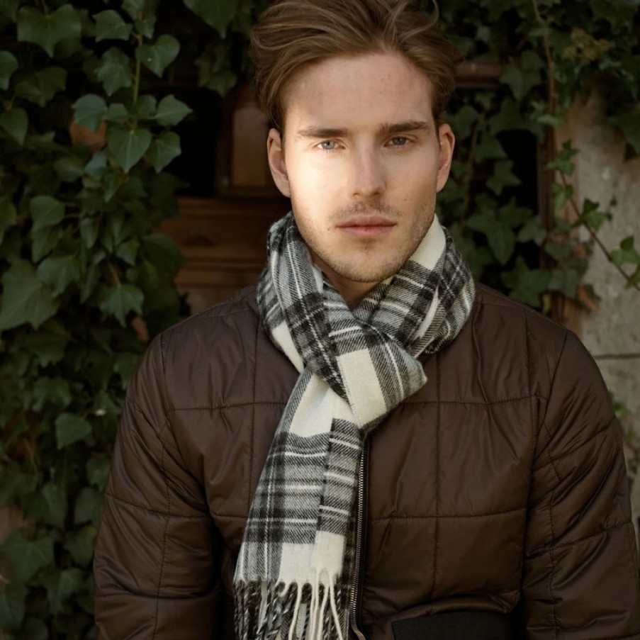 THE WORKERS CLUB Lambswool Checked Scarf - Grey Wholesale