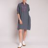 ROSSO35 Embroidered Linen Shirt Dress In Dark Grey/Fuchsia Online