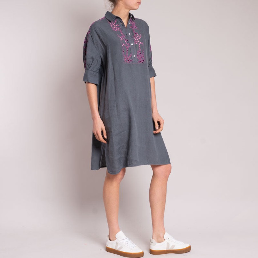 ROSSO35 Embroidered Linen Shirt Dress In Dark Grey/Fuchsia Online