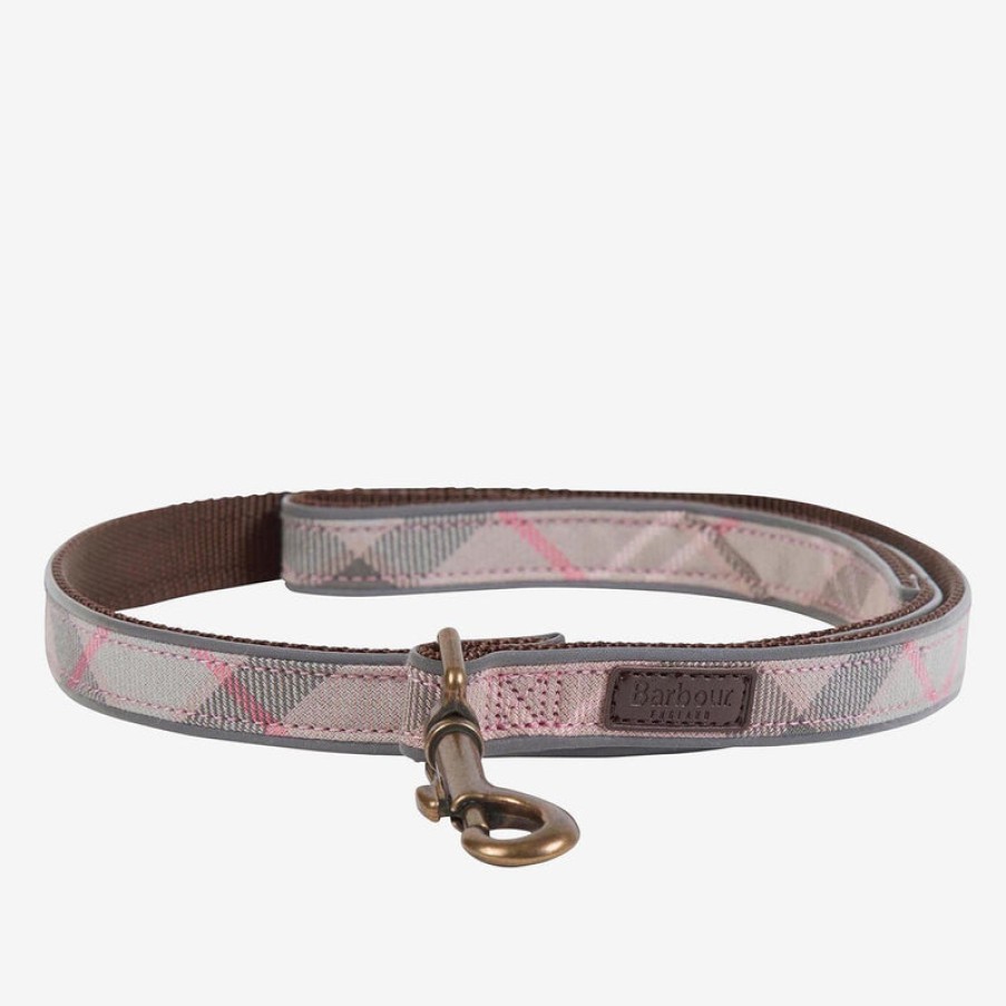 BARBOUR Reflective Tartan Dog Lead In Taupe/Pink Tartan | Collen And Clare New