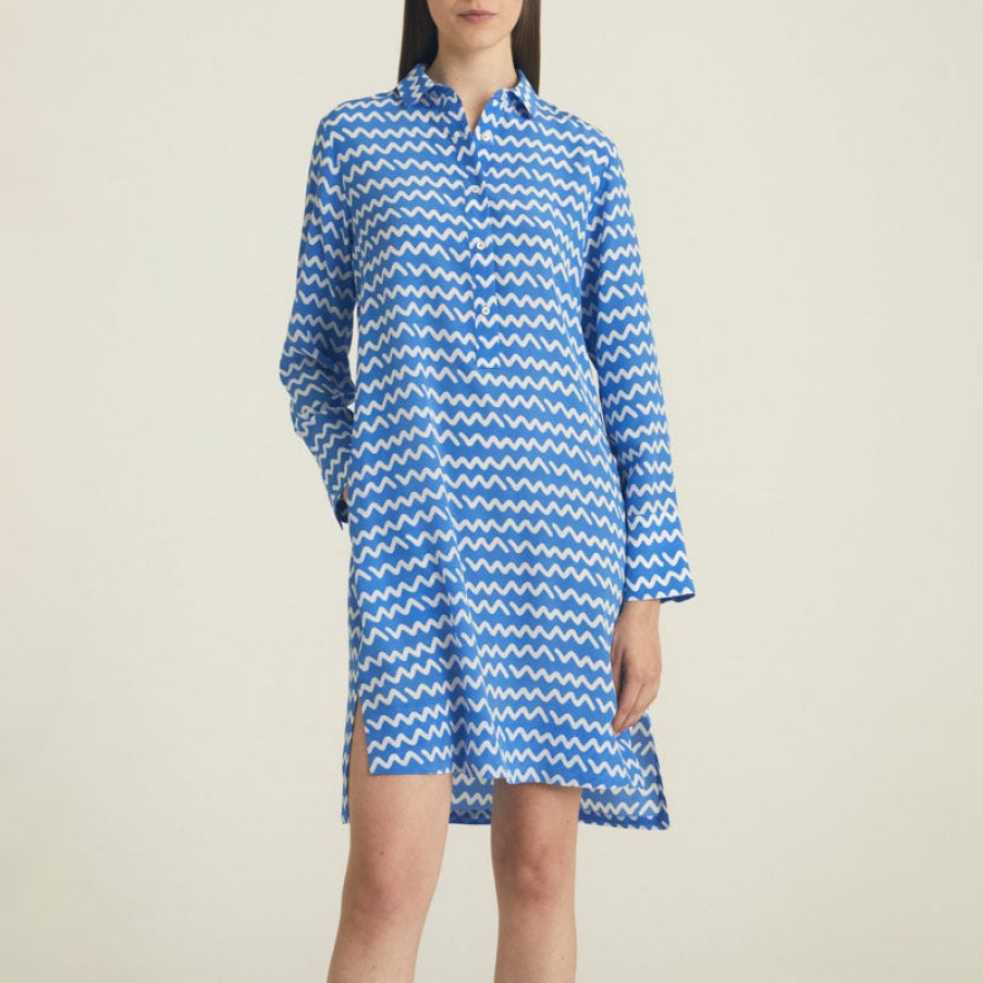 ROSSO35 Zig Zag Silk Shirt Dress In Bright Blue New