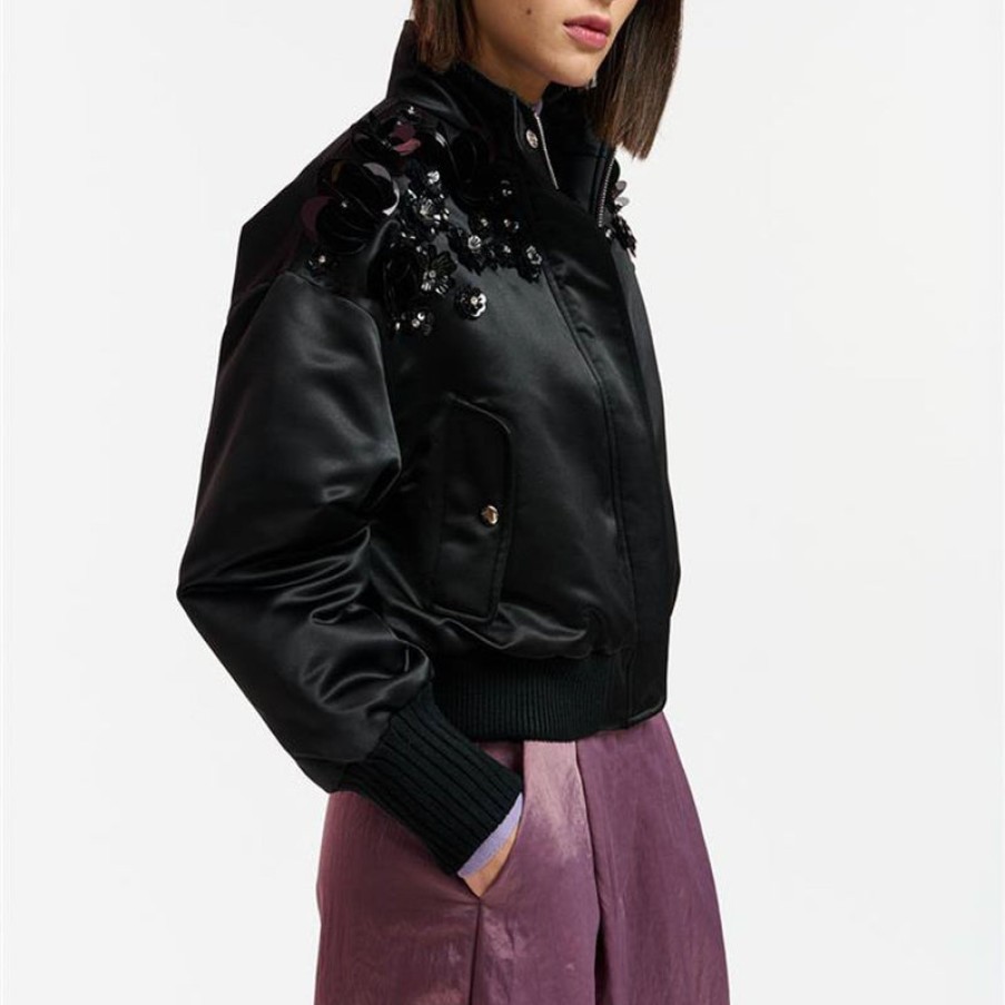 ESSENTIEL ANTWERP Erobo Cropped Embellished Bomber Jacket In Black | Collen & Clare Hot