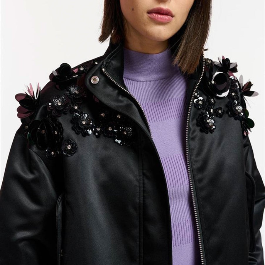 ESSENTIEL ANTWERP Erobo Cropped Embellished Bomber Jacket In Black | Collen & Clare Hot