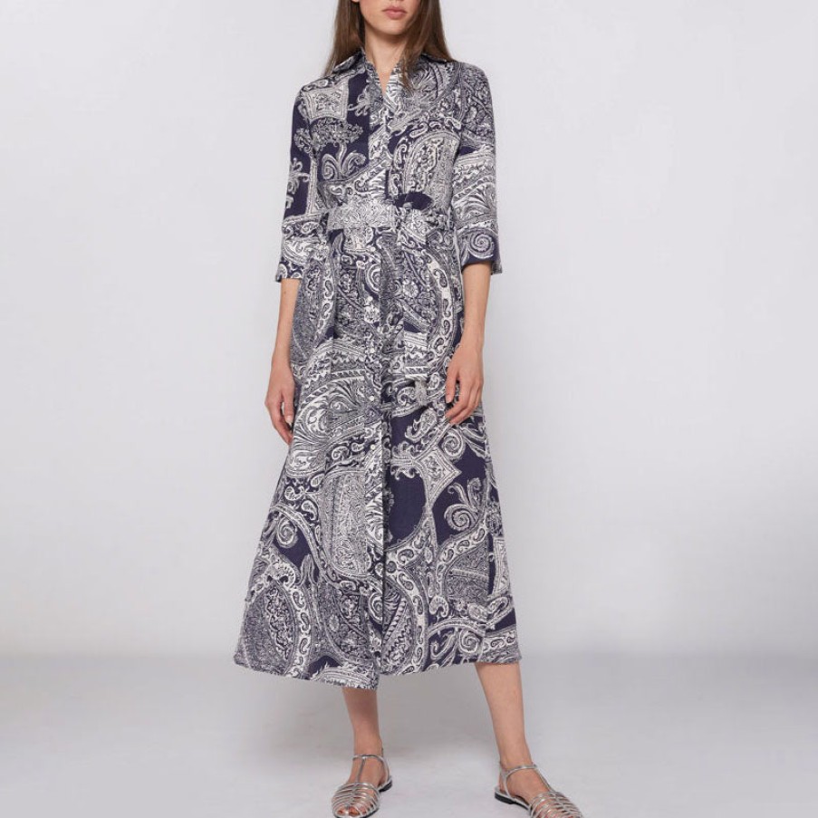 VILAGALLO Natalia Paisley Linen Dress In Navy New