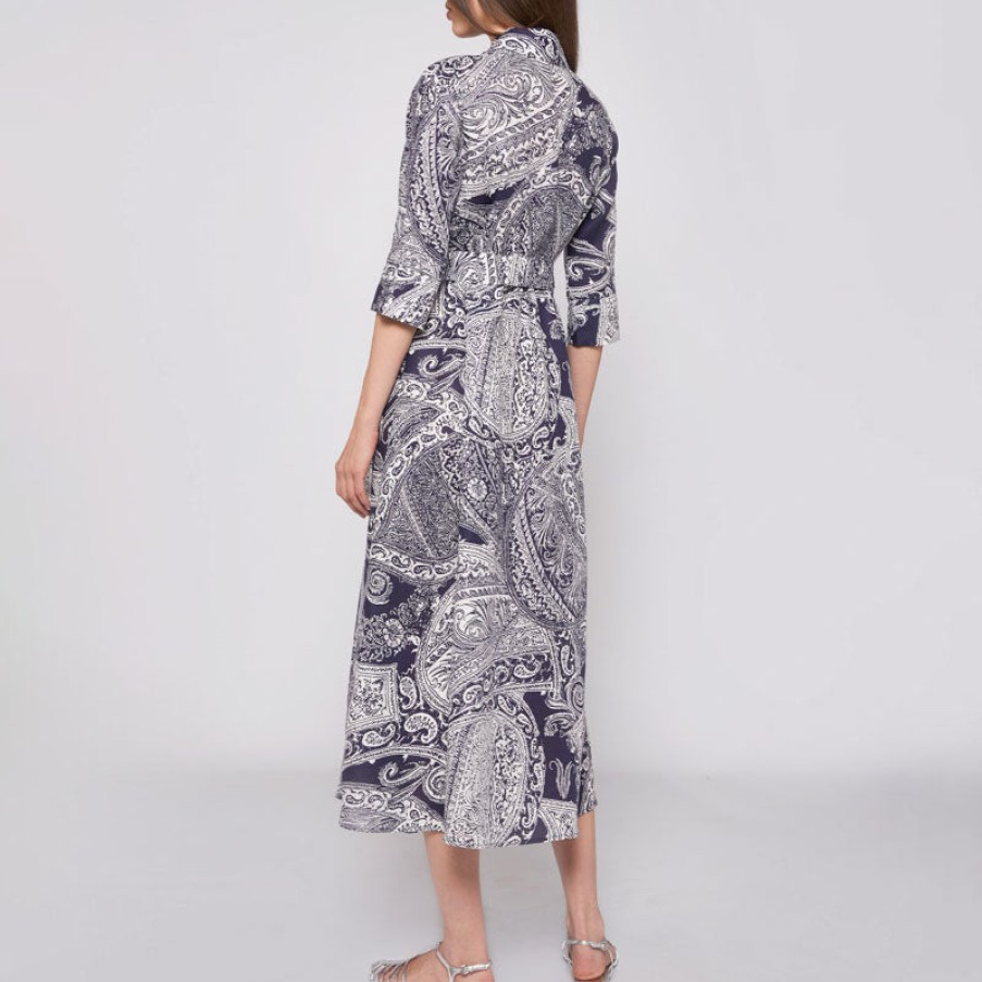 VILAGALLO Natalia Paisley Linen Dress In Navy New