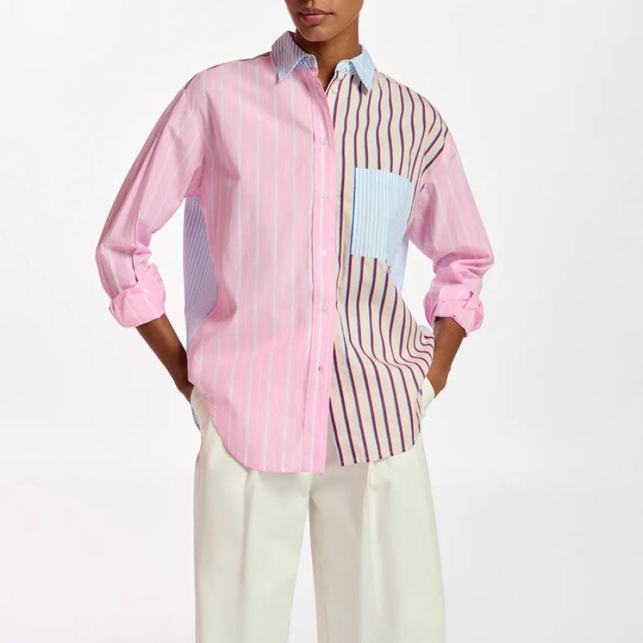 ESSENTIEL ANTWERP Famille Patchwork Stripe Shirt In Ecru/Light Blue/Light Pink Clearance