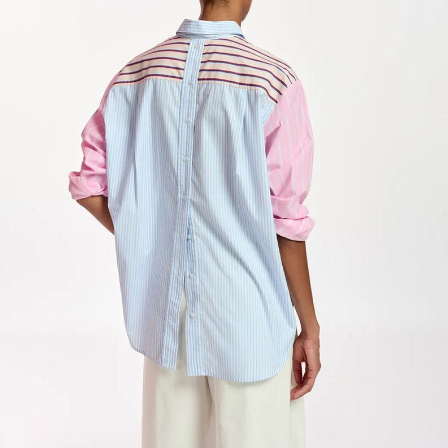 ESSENTIEL ANTWERP Famille Patchwork Stripe Shirt In Ecru/Light Blue/Light Pink Clearance