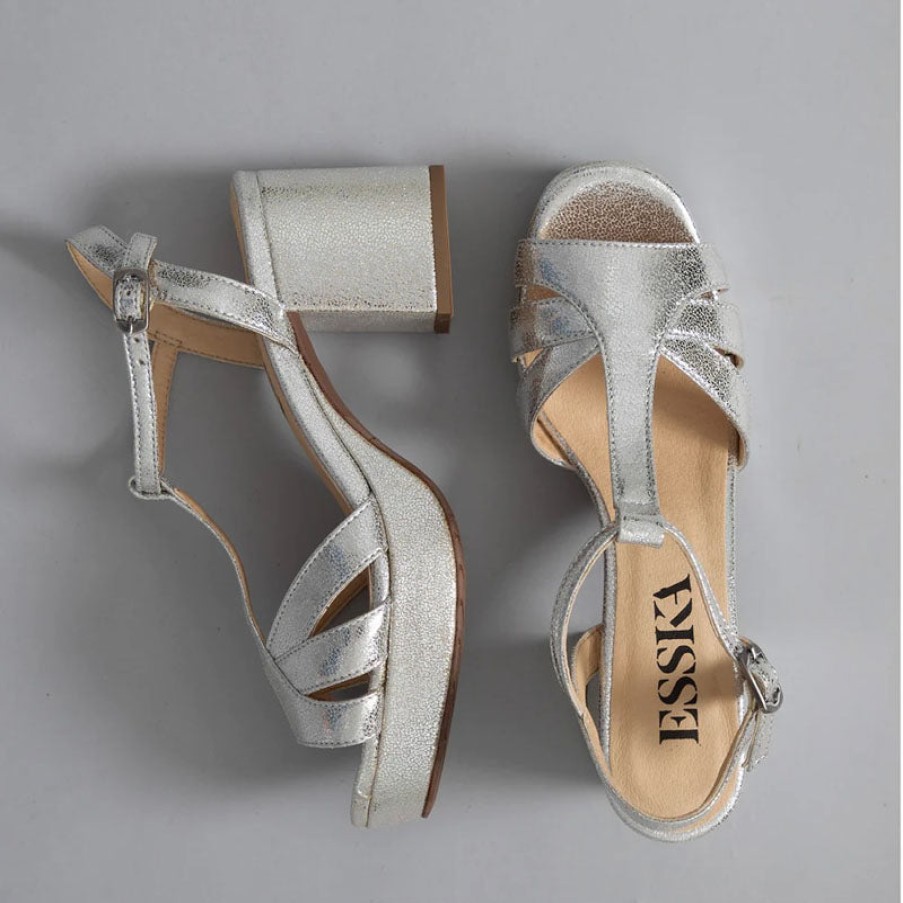 ESSKA Charlie 70S T Bar Sandals In Vegan Silver Hot