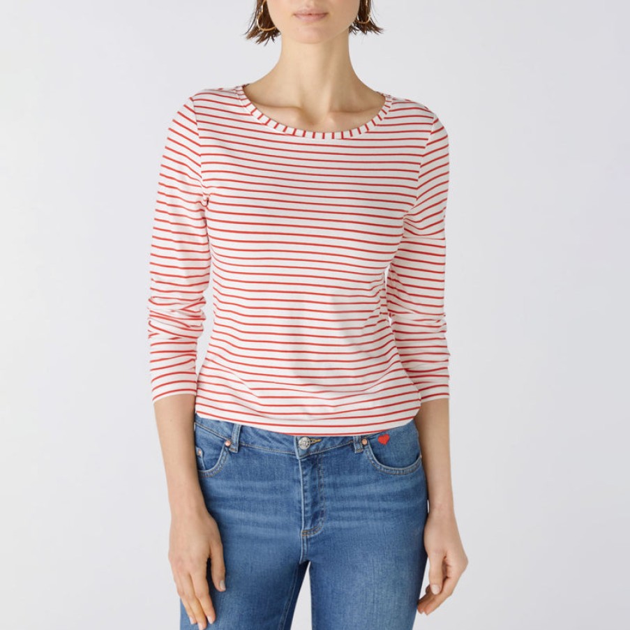 OUI Sumiko Long Sleeve Top In White/Red Wholesale