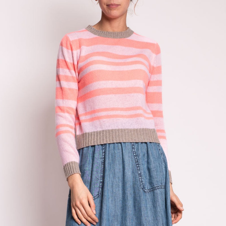 JUMPER1234 Contrast Stripe Crew In Brown/Neon/Coral/Pale Pink Hot