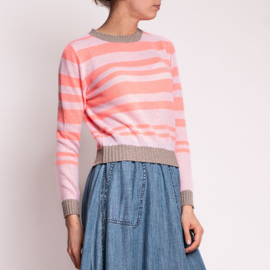 JUMPER1234 Contrast Stripe Crew In Brown/Neon/Coral/Pale Pink Hot