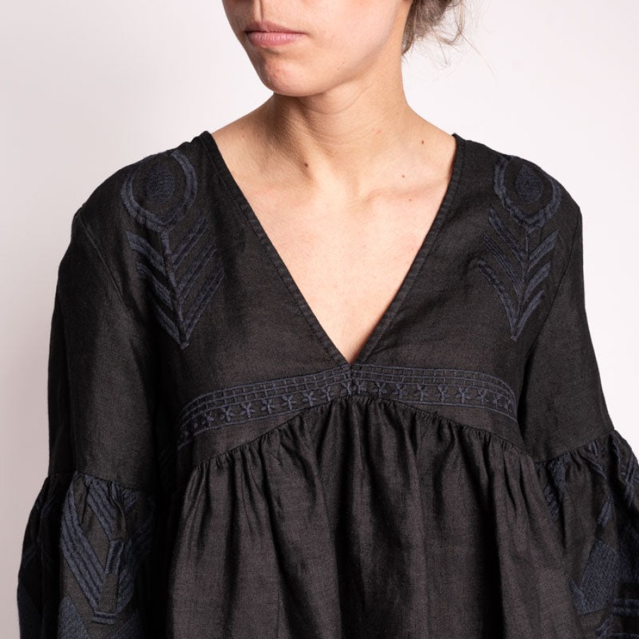 GREEK ARCHAIC KORI Feather Bell Sleeve Blouse In Black Clearance