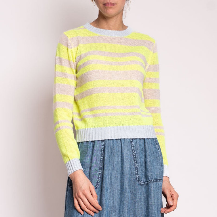 JUMPER1234 Contrast Stripe Crew In Cement/Buff/Neon/Yellow New